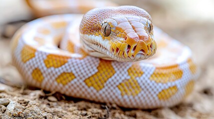Fototapeta premium Python coiled on ground, close-up view, nature background. Use wildlife, nature