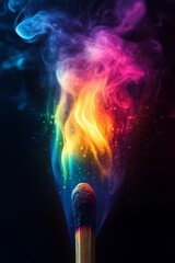 Vibrant flames dance in swirling colors as a match ignites against a backdrop of darkness