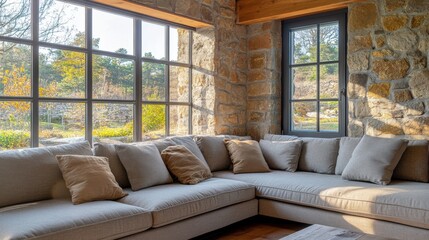 Fototapeta premium A Cozy Corner Sectional Sofa Bathed In Sunlight, Nestled In A Rustic Stone Room With Large Windows Offering Scenic Views. Perfect For Relaxing And Enjoying The Peaceful Atmosphere.