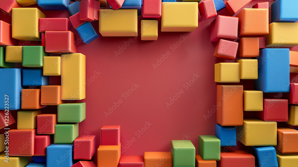 Fototapete colorful cubes creating a geometric frame on an abstract red background