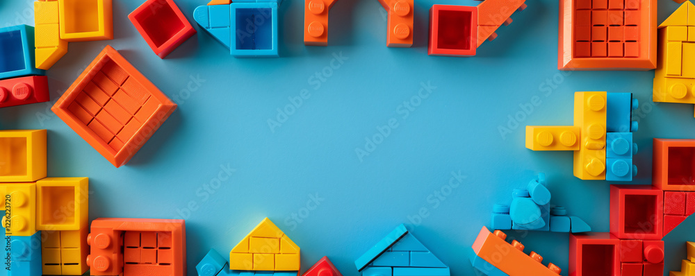 Poster colorful toy bricks forming a frame on a blue background with copy space