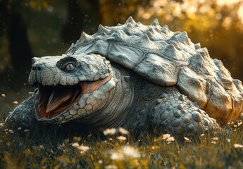 Obraz premium Realistic and Majestic Ancient Turtle with Spiky Shell Resting in a Sunlit Meadow Surrounded by Flowers and Gentle Forest Background