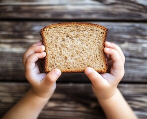 Child's Hands Holding a Slice of Whole Wheat Bread, Showing its Texture and Deliciousness