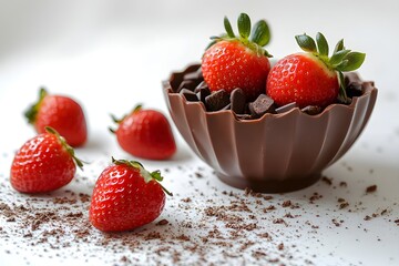 A charming arrangement of chocolate and strawberries in a chocolate bowl, topped with fresh strawberries and additional strawberries scattered underneath