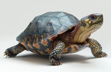 Obraz premium Realistic close-up of a colorful turtle with intricate shell patterns, showcasing natural beauty and texture against a neutral background