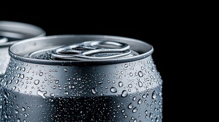 Close-up of a condensation-covered beverage can against a black background.