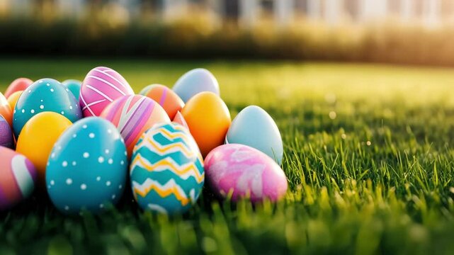Colorful easter eggs on sunlit green grass in outdoor setting. Happy Easter