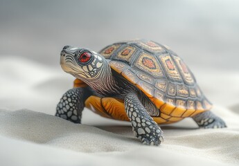 Obraz premium Realistic depiction of a beautifully designed turtle on a sandy beach with a serene background, highlighting intricate shell patterns and vibrant colors.