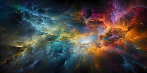 Abstract image of a colorful nebula, resembling cosmic clouds and gases.
