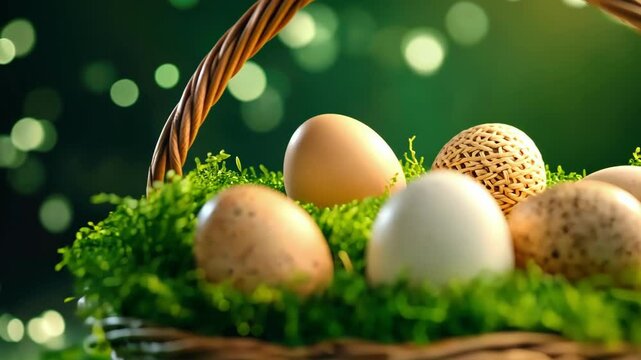 Wicker basket with speckled eggs on moss against green bokeh background. Happy easter