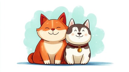 Obraz premium Cute Cat and Dog Friends Embracing in Cartoon Style Illustration