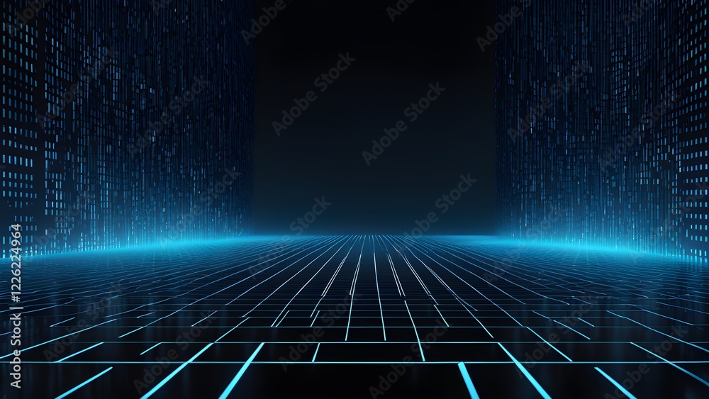 Wall mural abstract futuristic cityscape with glowing blue digital grid lines receding into a dark background.