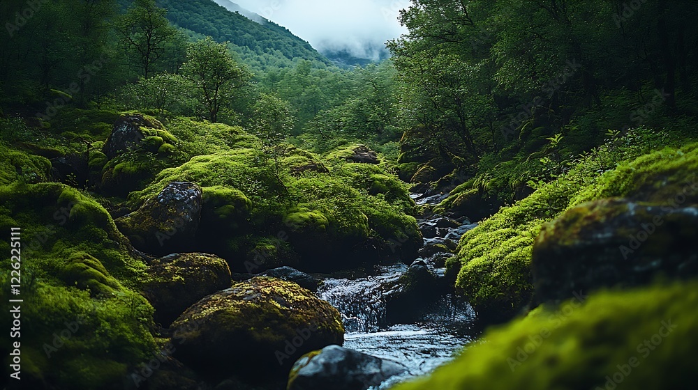 Poster tranquil mossy stream in lush green forest with flowing water and natural serenity : generative ai