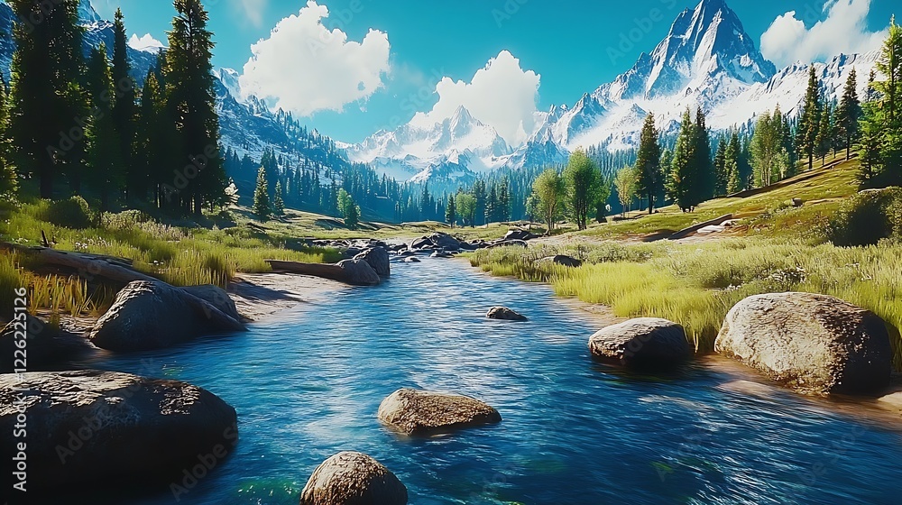 Poster pristine mountain stream flowing through scenic alpine landscape with clear skies : generative ai