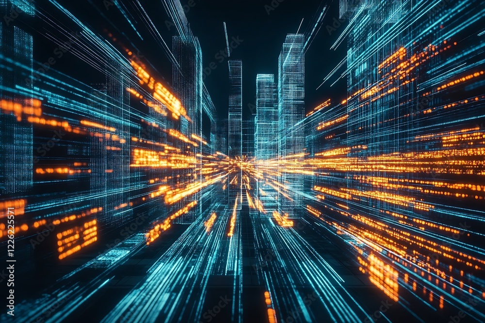 Poster futuristic digital cityscape with glowing lines and dynamic light effects : generative ai