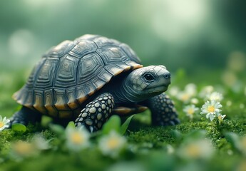 Realistic turtle on a soft mossy landscape surrounded by delicate white flowers in a serene natural environment with gentle focus and calming atmosphere