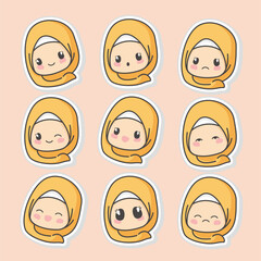Sticker pack of Cute cartoon Moslem girl wearing Soft Orange hijab with nine expresion