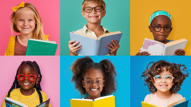 Six young children happily reading books against a vibrant backdrop