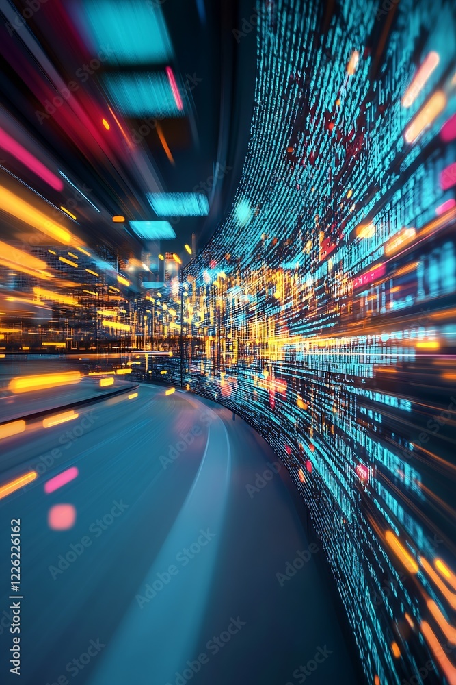 Poster Futuristic Data Stream with Neon Lights and High-Speed Motion Blur : Generative AI