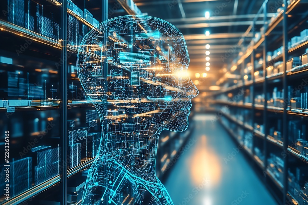 Poster futuristic artificial intelligence concept in digital library with virtual human head hologram : gen