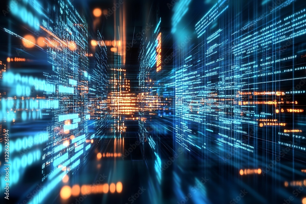 Poster futuristic digital data stream flowing through cyber cityscape filled with glowing blue and orange l