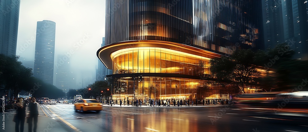 Poster vibrant cityscape with modern architecture and light trails in bustling urban evening : generative a