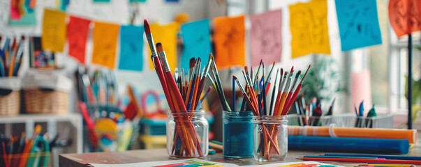 Vibrant paintbrushes displayed in glass jars on a table in the softly focused backdrop of an art studio