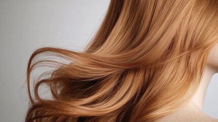 Naklejka premium Long, Flowing, Light Copper-Red Hair Cascades Down A Woman'S Back. Soft, Healthy Shine With Smooth Texture. Studio Shot, Simple Background.