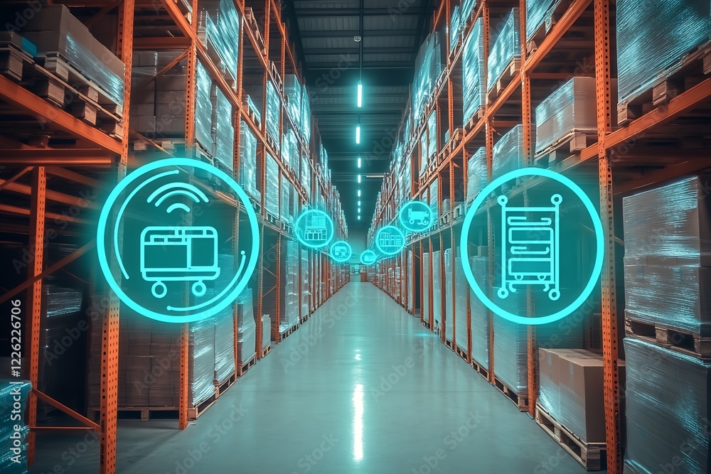 Aufkleber futuristic smart warehouse with digitized logistics and automation icons : generative ai