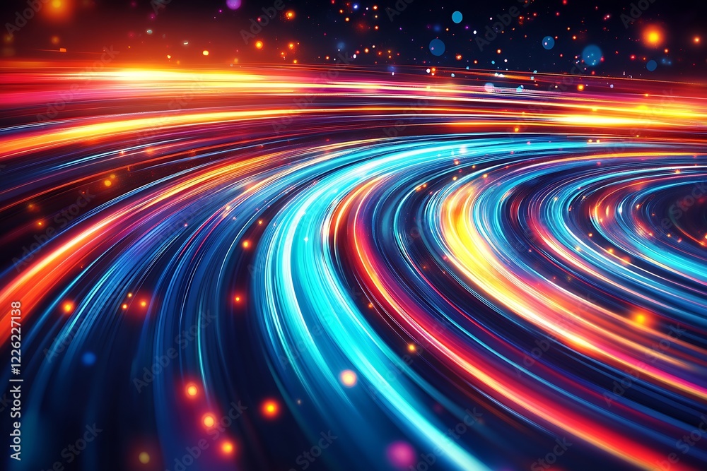 Poster vibrant neon light trails in dynamic motion with starry night background : generative ai