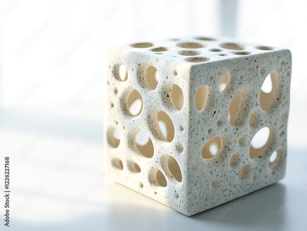 Poster white cubic decorative object with holes.