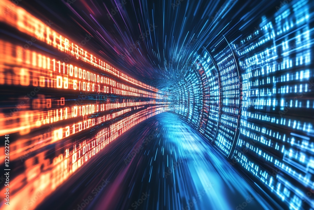 Poster Futuristic Digital Data Stream in a High Speed Binary Information Transmission Tunnel : Generative AI