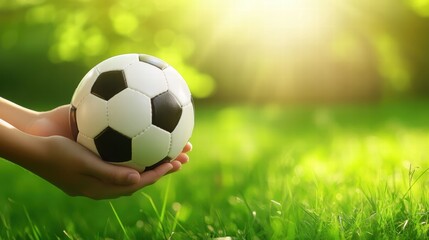 Naklejka premium Hands Holding Soccer Ball on Green Grass with Natural Sunlight