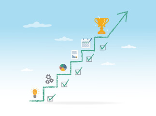 Achievement with mapped process, mission accomplished, ladder of ideas, time, graph, process, target, ladder with icons	
