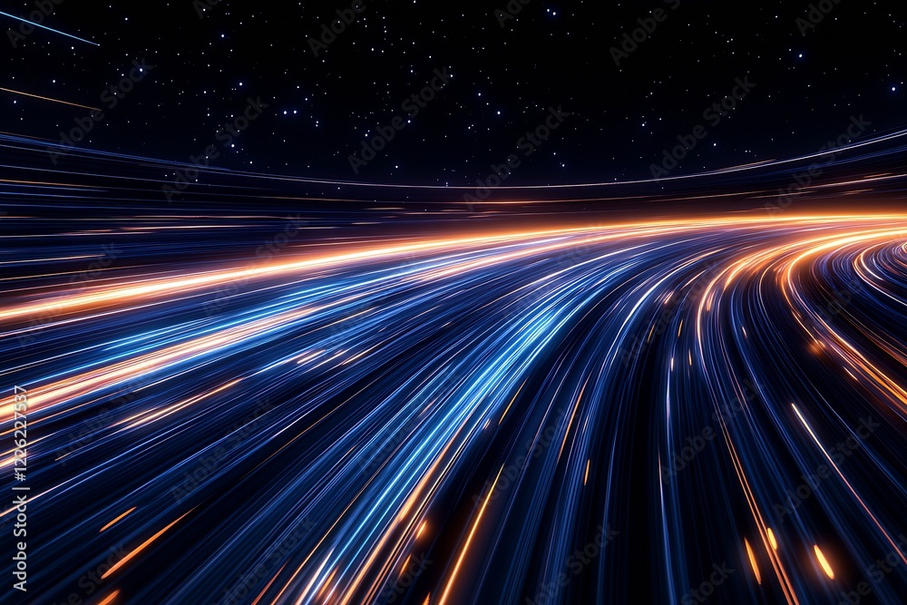 Poster futuristic light trails against a starry night sky background with dynamic motion : generative ai
