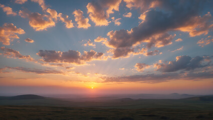 Fototapeta premium Golden clouds at sunset over flat land, are excellent for travel brochures, inspirational quotes, and nature-themed designs needing a dreamy background