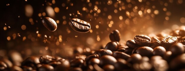 Hyper-Realistic Close-Up of Coffee Beans in Air with Dramatic Lighting on Dark Background