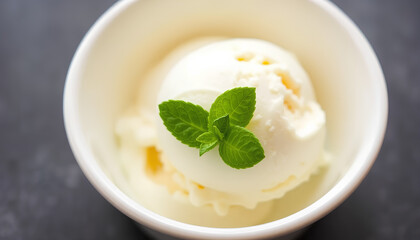 A single scoop of vanilla ice cream in a white ceramic bowl, garnished with a mint leaf