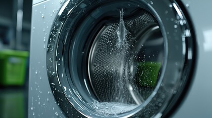 Close-up of a washing machine drum with water swirling inside.