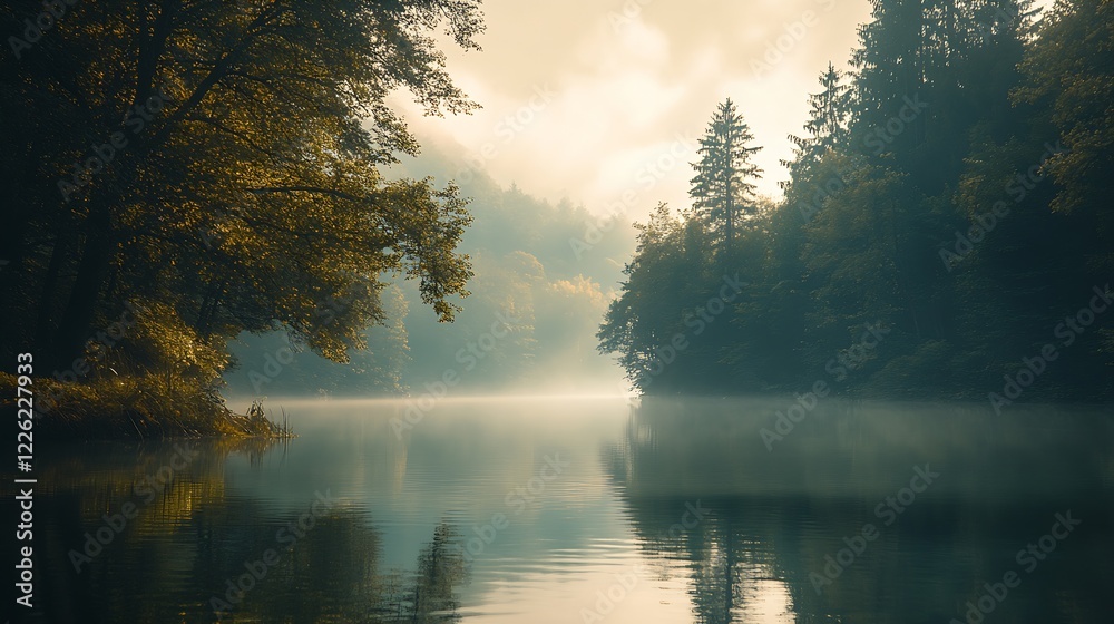Poster tranquil misty lake in forest with reflection and soft morning light : generative ai