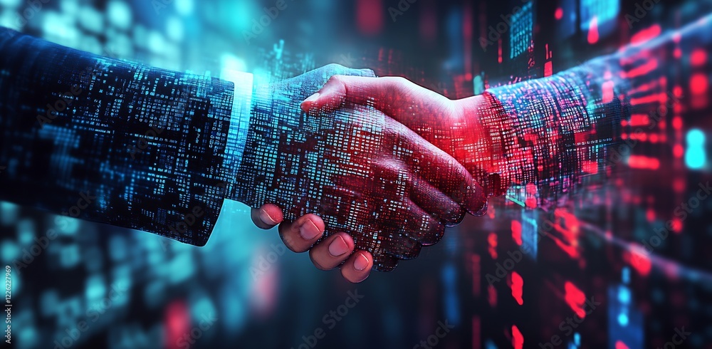 Aufkleber digital handshake between business partners illustrating successful technology collaboration : gener