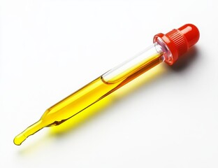 Yellow liquid in a glass dropper bottle with a red cap on a white background.