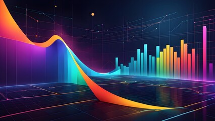Abstract 3D rendering of vibrant multicolored graphs and charts on a dark grid background, visualizing dynamic data and financial growth.