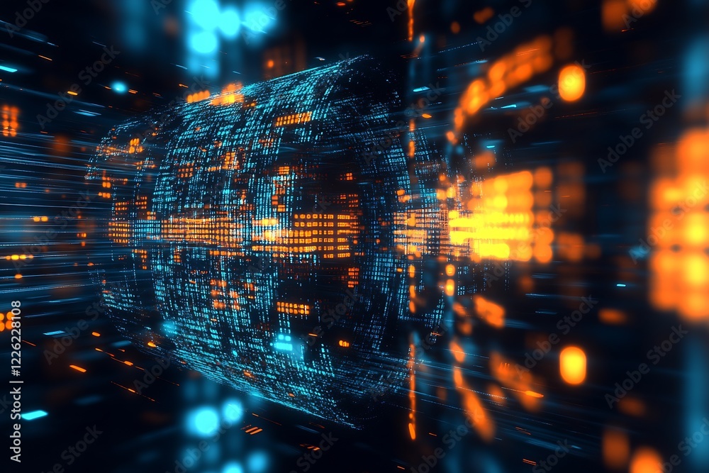 Poster digital data stream with vibrant matrix of striking blue and orange lights : generative ai