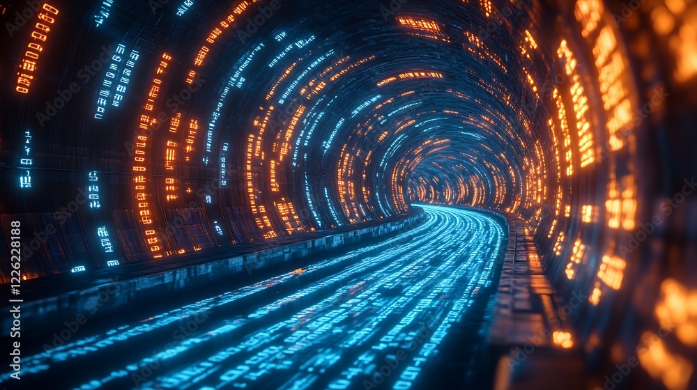 Fototapete Immersive Digital Tunnel with Streaming Binary Code and Neon Lights : Generative AI