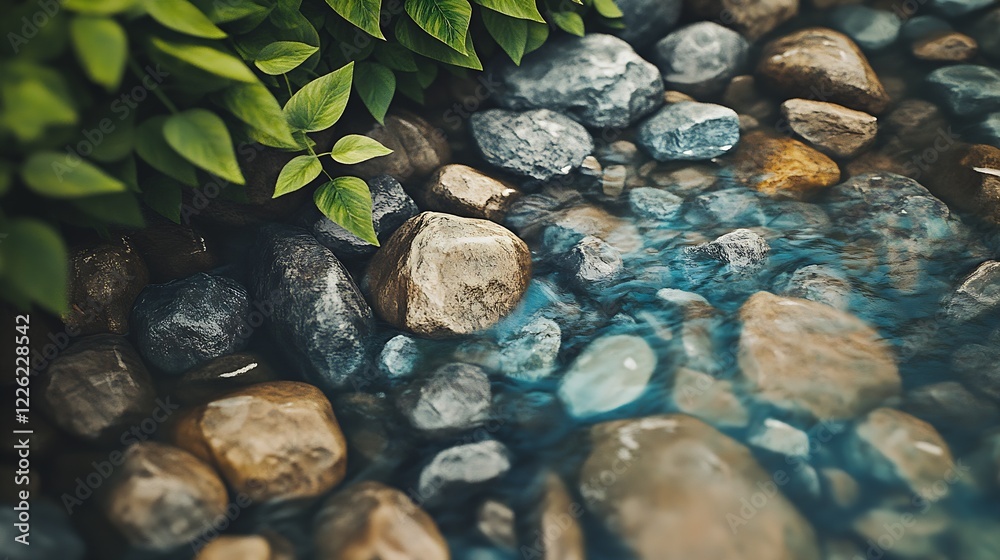 Poster tranquil stream flowing over smooth pebbles and green foliage : generative ai