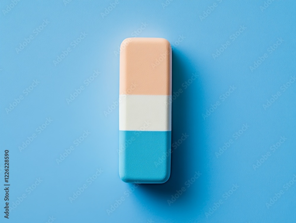 Poster tri-color rectangular eraser on blue background.