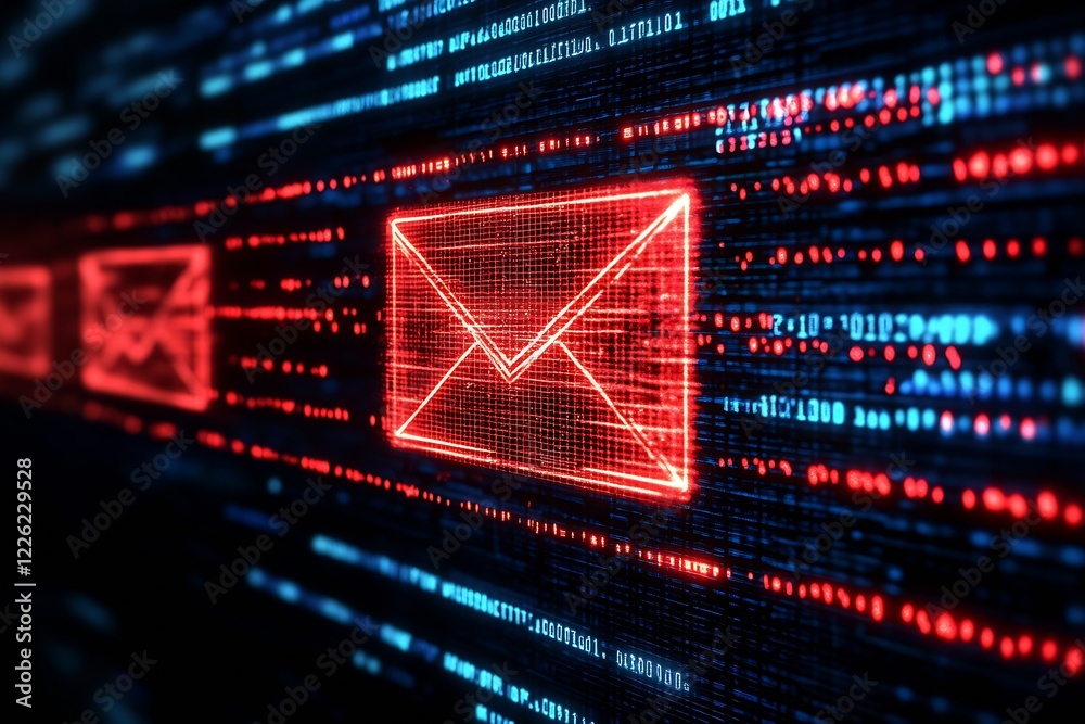 Poster glowing neon red envelopes in a futuristic digital communication concept art : generative ai