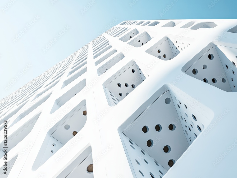 Aufkleber Modern white building with geometric facade and repeating cube pattern.