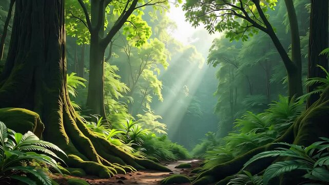 Realistic Nature Wallpaper: Lush Forest with Sunbeam Filters
